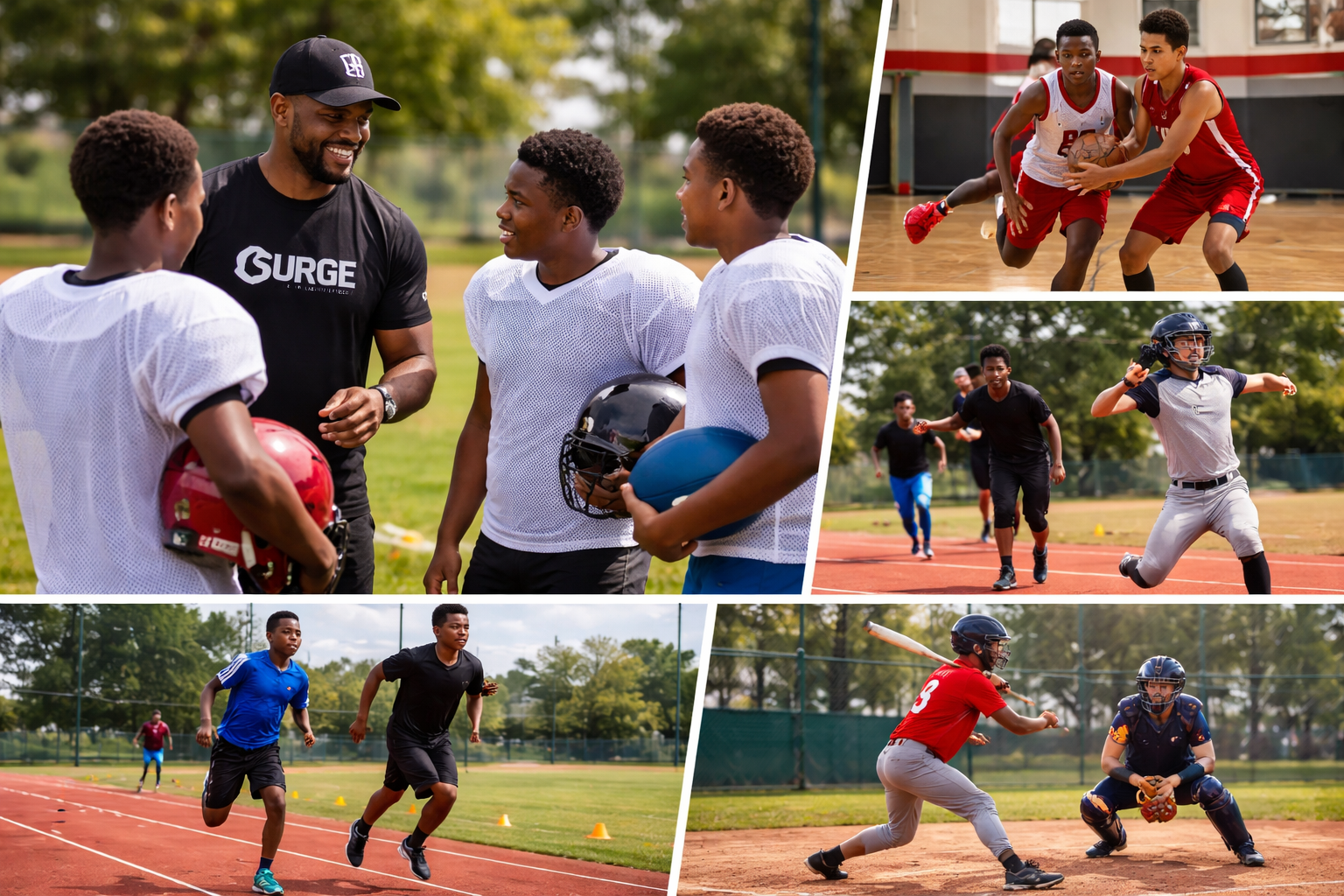 Surge Ministries youth athletics program featuring football basketball track and baseball